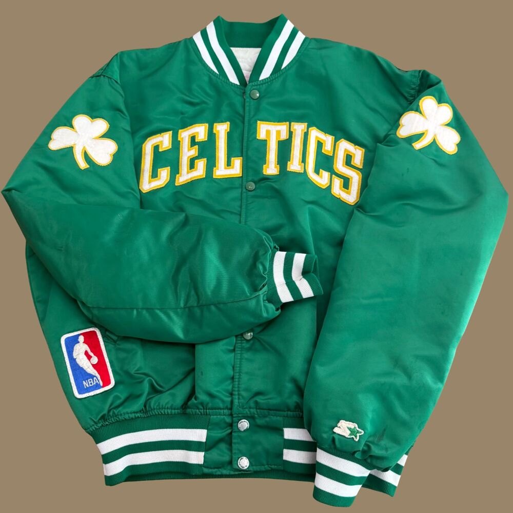 Vintage Boston Celtics Starter Satin Bomber Jacket NBA Green Men's XL